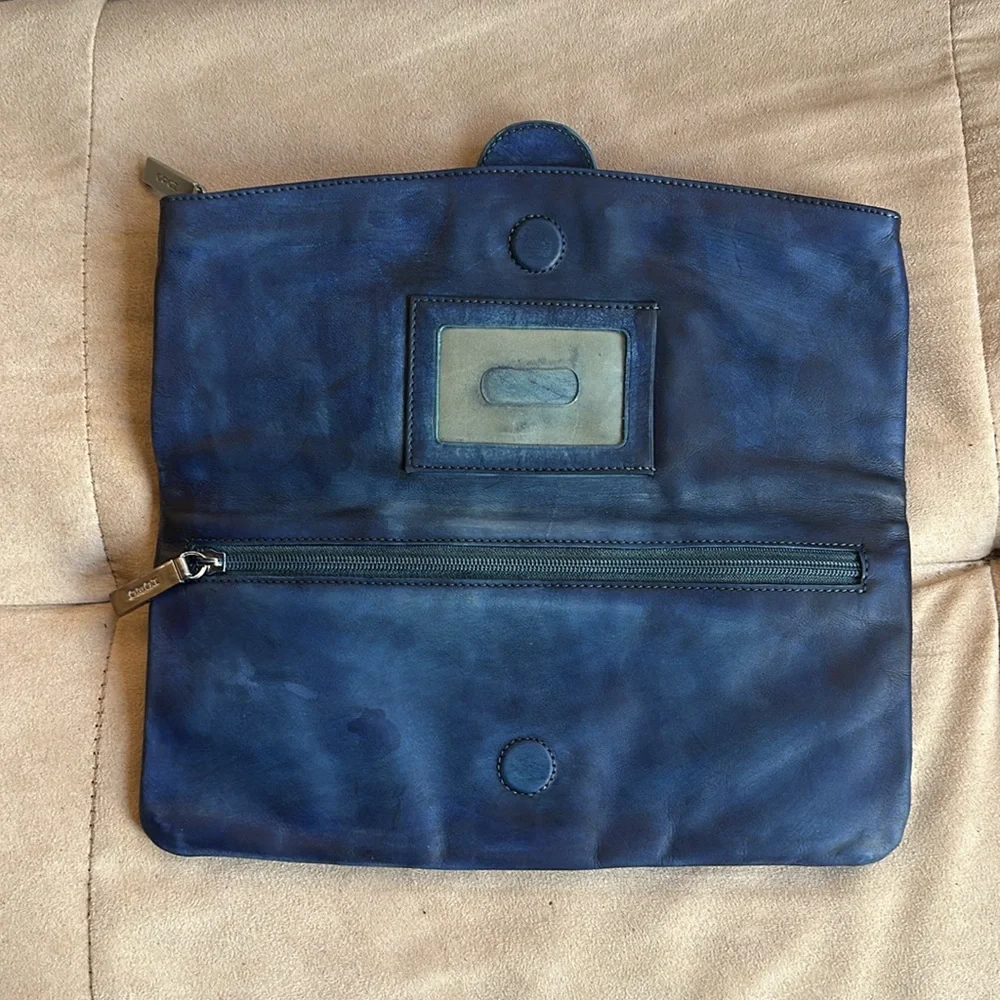 HOBO International MADELINE Soft Blue Leather Foldover Clutch Bag w/ Buckle